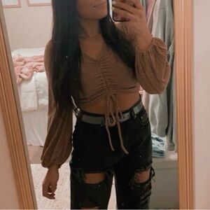 SHEIN Brown Ruched Long Sleeve Crop Top